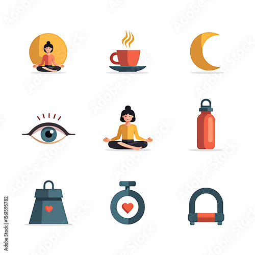 Collection of nine vector illustrations representing wellness, yoga, meditation, healthy habits, and mindfulness, perfect for websites, apps, or social media.
