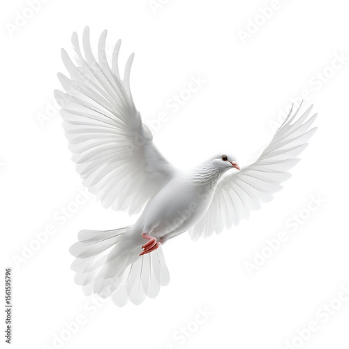 A white dove soars against a black backdrop its wings fully extended in flight