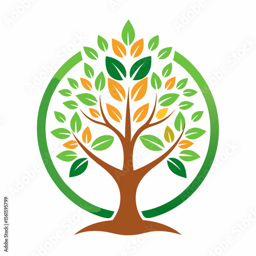 green spring tree with female face and roots on white background, vector, Abstract Human tree logo. Unique Tree Vector illustration with circle and abstract woman shape.