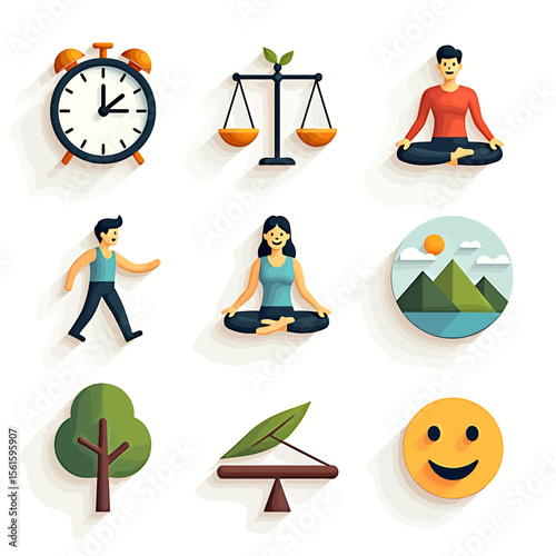 Collection of flat design style icons representing wellness, balance, nature, and healthy lifestyle choices, perfect for websites, apps, or presentations related to well-being.