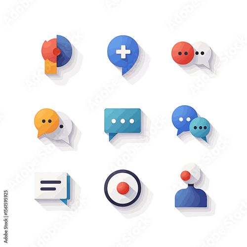 Collection of nine colorful flat design icons representing communication, dialogue, and user interface elements, perfect for websites and applications.
