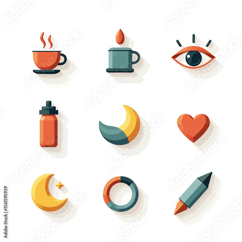 Collection of nine modern flat icons depicting everyday objects and abstract concepts such as a coffee cup, candle, eye, water bottle, moon, heart, and more, ideal for websites and applications.