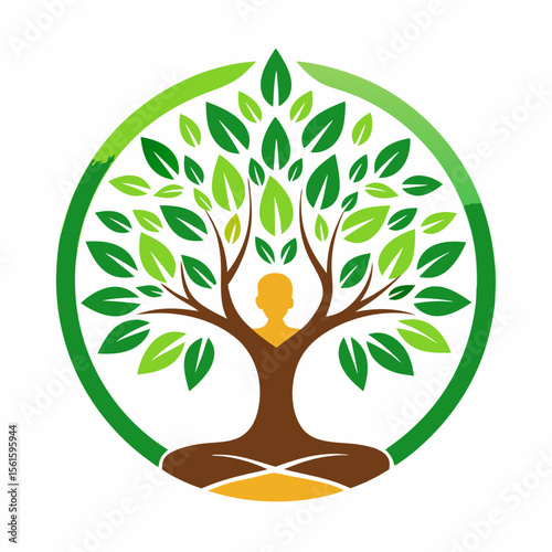 green spring tree with female face and roots on white background, vector, Abstract Human tree logo. Unique Tree Vector illustration with circle and abstract woman shape.