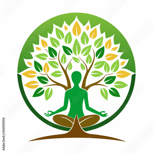 green spring tree with female face and roots on white background, vector, Abstract Human tree logo. Unique Tree Vector illustration with circle and abstract woman shape.