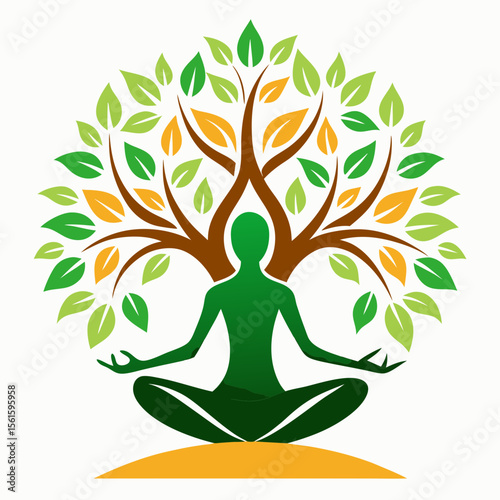 green spring tree with female face and roots on white background, vector, Abstract Human tree logo. Unique Tree Vector illustration with circle and abstract woman shape.