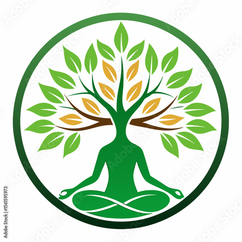 green spring tree with female face and roots on white background, vector, Abstract Human tree logo. Unique Tree Vector illustration with circle and abstract woman shape.