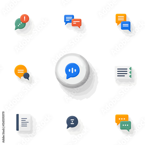 Collection of colorful flat design chat icons and symbols perfect for communication apps, websites, and social media interfaces, representing messages, notifications, and conversations.