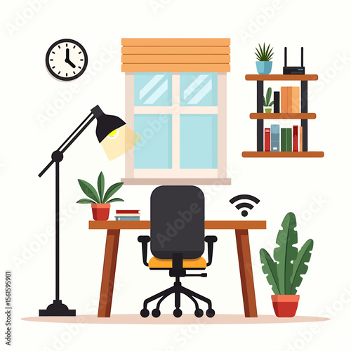 A modern home office workspace with a comfortable chair, desk, and natural light from a window, featuring plants, books, and wifi connectivity, ideal for remote work or studying.