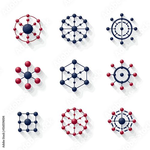 Collection of nine abstract network connection icons, featuring nodes and lines in dark blue and red, ideal for presentations or digital designs, with a clean and modern aesthetic.