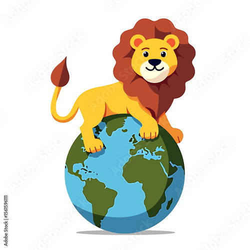 Friendly cartoon lion sitting on a simplified globe, representing environmental conservation and global wildlife protection, ideal for children's books or educational materials.