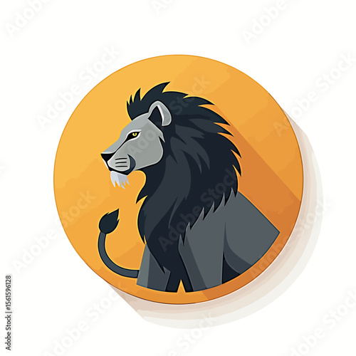 Majestic lion profile in flat design style, a powerful symbol of strength and royalty, set against a vibrant orange circle background, ideal for logos or branding projects.