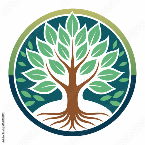 green spring tree with female face and roots on white background, vector, Abstract Human tree logo. Unique Tree Vector illustration with circle and abstract woman shape.