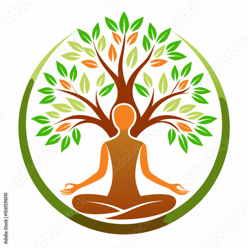 green spring tree with female face and roots on white background, vector, Abstract Human tree logo. Unique Tree Vector illustration with circle and abstract woman shape.