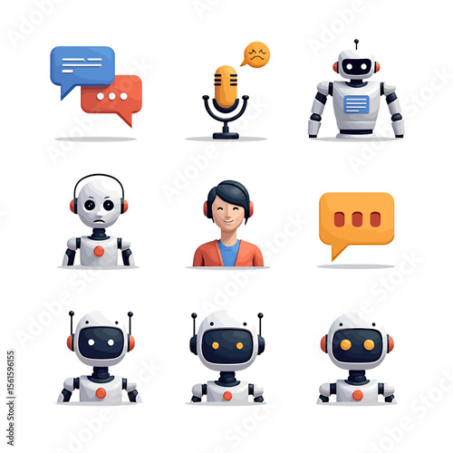 Collection of nine 3D rendered icons depicting robots, chatbots, and customer service agents, ideal for websites, apps, and presentations related to artificial intelligence, technology