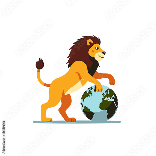 A friendly cartoon lion gently holds a globe, symbolizing environmental conservation and global responsibility in a vibrant and playful illustration style.