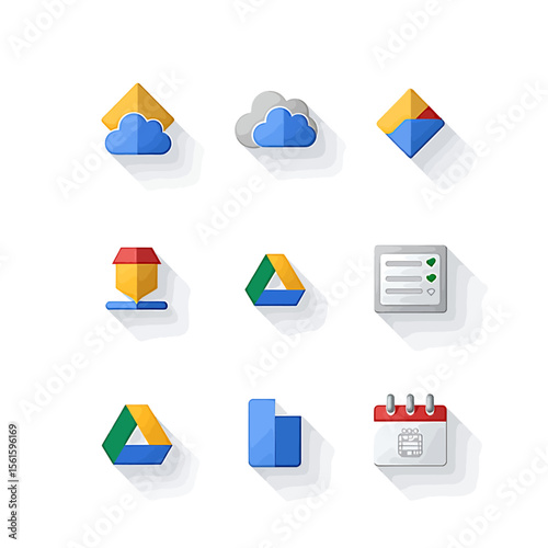 Collection of nine colorful flat design icons representing cloud storage, location, file sharing, and calendar applications, perfect for web or app interfaces.