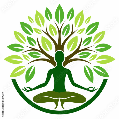 green spring tree with female face and roots on white background, vector, Abstract Human tree logo. Unique Tree Vector illustration with circle and abstract woman shape.