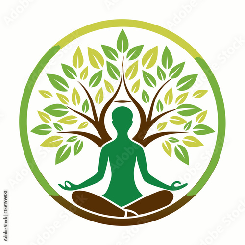 green spring tree with female face and roots on white background, vector, Abstract Human tree logo. Unique Tree Vector illustration with circle and abstract woman shape.