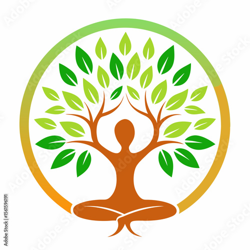 green spring tree with female face and roots on white background, vector, Abstract Human tree logo. Unique Tree Vector illustration with circle and abstract woman shape.