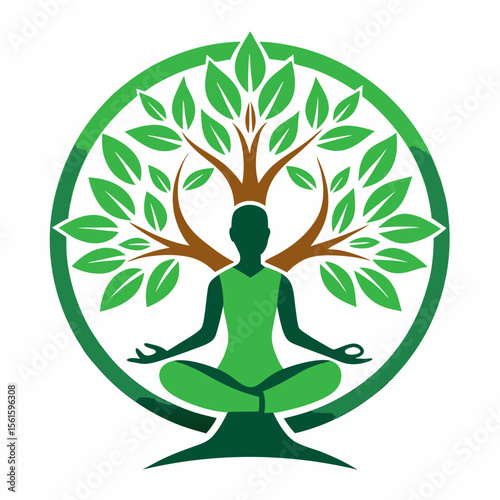 green spring tree with female face and roots on white background, vector, Abstract Human tree logo. Unique Tree Vector illustration with circle and abstract woman shape.