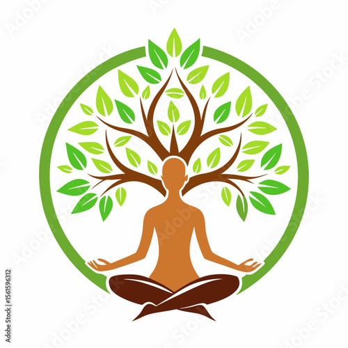 green spring tree with female face and roots on white background, vector, Abstract Human tree logo. Unique Tree Vector illustration with circle and abstract woman shape.