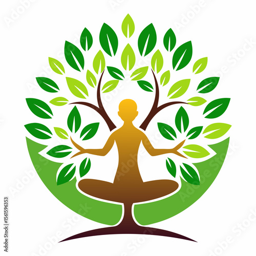 green spring tree with female face and roots on white background, vector, Abstract Human tree logo. Unique Tree Vector illustration with circle and abstract woman shape.