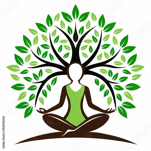 green spring tree with female face and roots on white background, vector, Abstract Human tree logo. Unique Tree Vector illustration with circle and abstract woman shape.