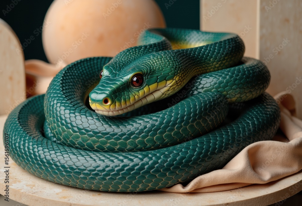 Fototapeta premium Close-up of a vibrant green snake coiled on a soft cloth surface
