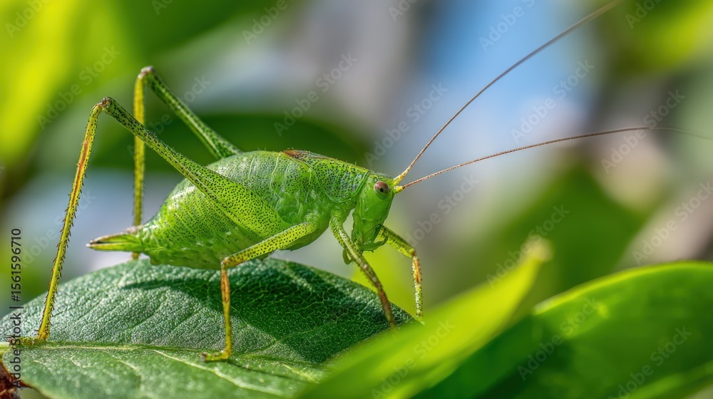Close-up of a Green Grasshopper on a Leaf Showing Detail and Texture. Close-up of a Green Grasshopper on a Leaf Showing Detail and Texture.