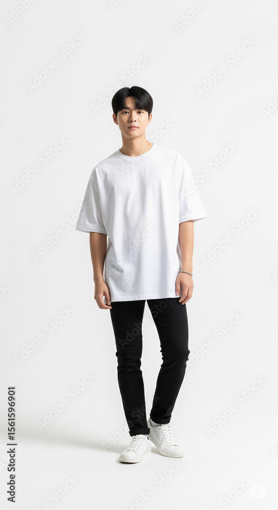 Fototapeta premium A model wearing an oversized white t-shirt, Mockup Oversized T-Shirt