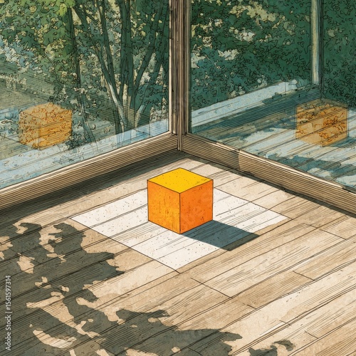 Interior view of a corner room with a bright orange cube