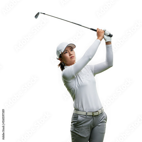 Photo of a female golfer in a white shirt and grey pants performs a powerful golf swing, isolated on transparent background