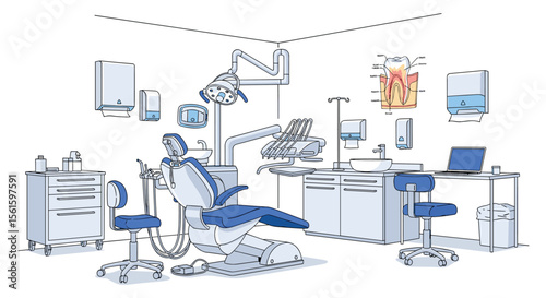 Modern Dental Office Interior Setup with High Tech Equipment and Patient Treatment Chair Illustration