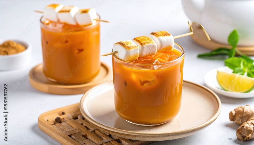 Ice-cold latte with toasted marshmallows on skewers, served in a clear glass with fresh lime and ginger on the side Ice-cold latte with toasted marshmallows on skewers, served in a clear glass with fresh lime and ginger on the side