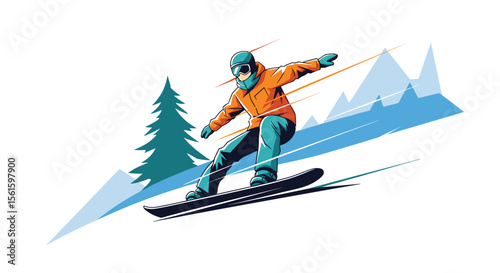Exciting snowboarder carving down a snow-covered mountain slope amidst pine trees and stylized peaks in a vibrant outdoor winter sports illustration