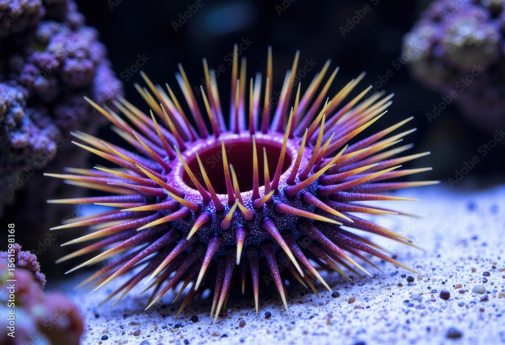 Fototapeta premium Close-up of a colorful sea urchin with vibrant spines on the ocean floor