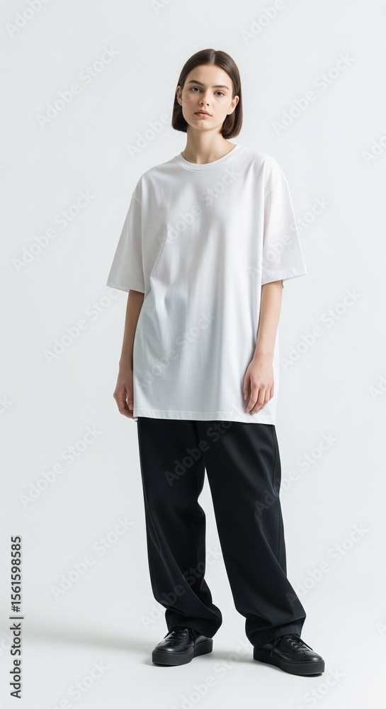 A model wearing an oversized white t-shirt, Mockup Oversized T-Shirt A model wearing an oversized white t-shirt, Mockup Oversized T-Shirt