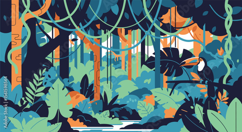 Vibrant Jungle Landscape With Lush Greenery And Twisting Vines Creating A Serene Natural Environment