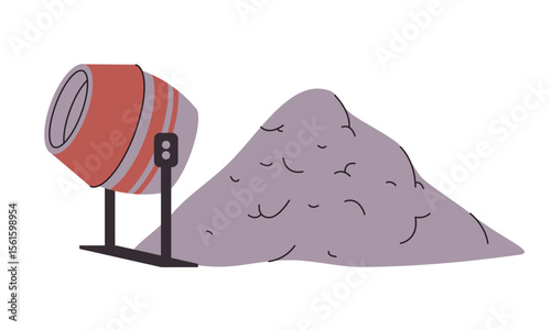 Grey pile of cement powder next to a red and grey cement mixer essential materials equipment in construction renovation