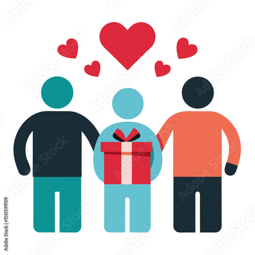 A vector illustration depicting a romantic couple, a man and a woman, exchanging a gift box and a heart, symbolizing love and family