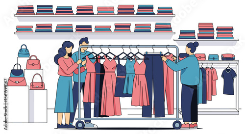Fashion retail experience with people shopping for clothes in a modern boutique store environment browsing racks of dresses and apparel