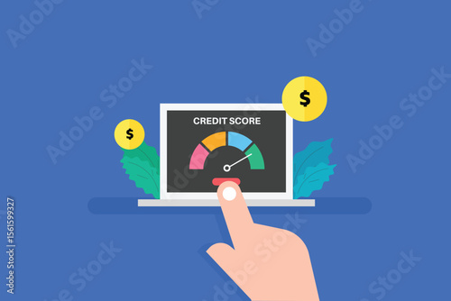 Laptop screen displaying a credit score checker app, user checking credit score online at the tap of a button.