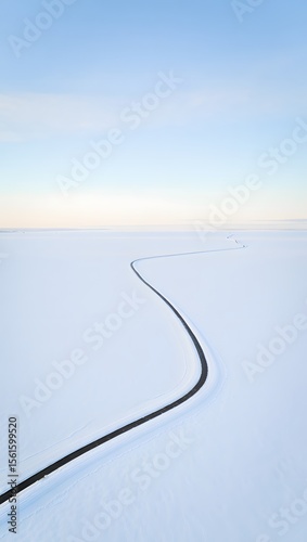 Aerial view of snowy landscape with road leading into distance perfect for winter travel concept