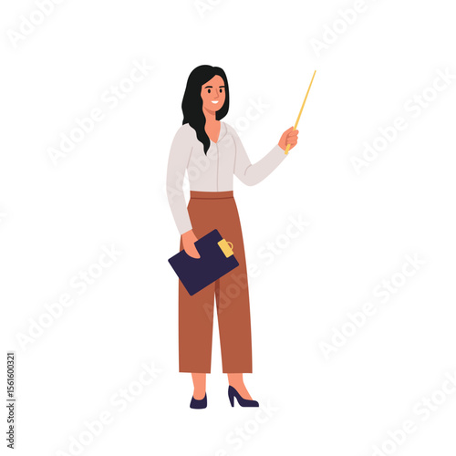 Vector illustration of a businesswoman giving a presentation. Cartoon scene of smiling, stylish woman giving report, pointing with pointer, holding clipboard with clamp isolated on white background.