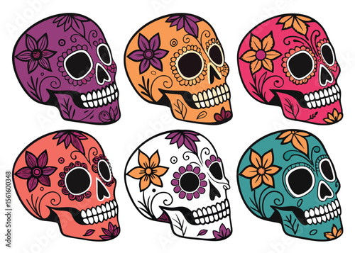 Dia de los muertos. Vector collection of Mexican traditional sugar skulls in various colors. Isolated on white.
