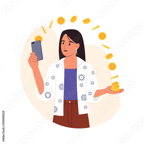 Vector illustration of girl withdrawing money.Cartoon scene of businesswoman receiving money via smartphone, coins with dollar sign isolated on white background.Profit increase.Successful transaction.