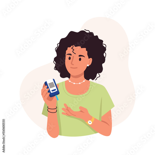 Vector illustration of measuring blood sugar level. Cartoon scene girl determines a sharp increase in sugar level with a glucometer isolated on white background. Taking blood from a finger. Diabetes.