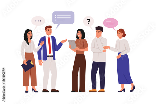 Vector illustration successful business team. Cartoon scene girls and guys holding tablets, dressed in suits, discussing, offering ideas, reasoning, determining theses isolated on white background.