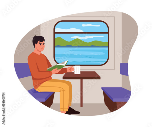 Vector illustration of a guy sitting in a train car. Cartoon scene of a guy traveling on a train, reading a book, table, cup of drink, landscapes outside the window isolated on white background.