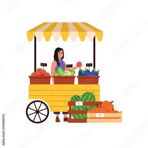 Vector illustration of a market.Cartoon scene of a girl selling in a stall on wheels, boxes with vegetables: tomatoes, Chinese cabbage, eggplants, pumpkins, watermelons isolated on a white background.